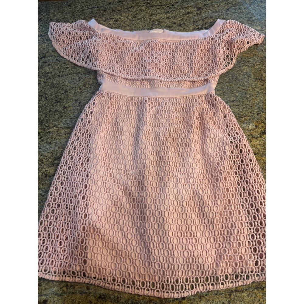 NWT Bardot Pink Lace Off The Shoulder Ruffle Sleeve Fit Flare Dress Size 6 Small - Picture 4 of 10